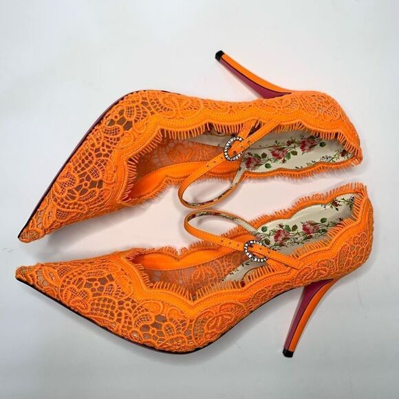 Gucci Virginia Lace Pumps Neon Orange EU 40 US 10 Mary Jane Lace Heels - Picture 8 of 11